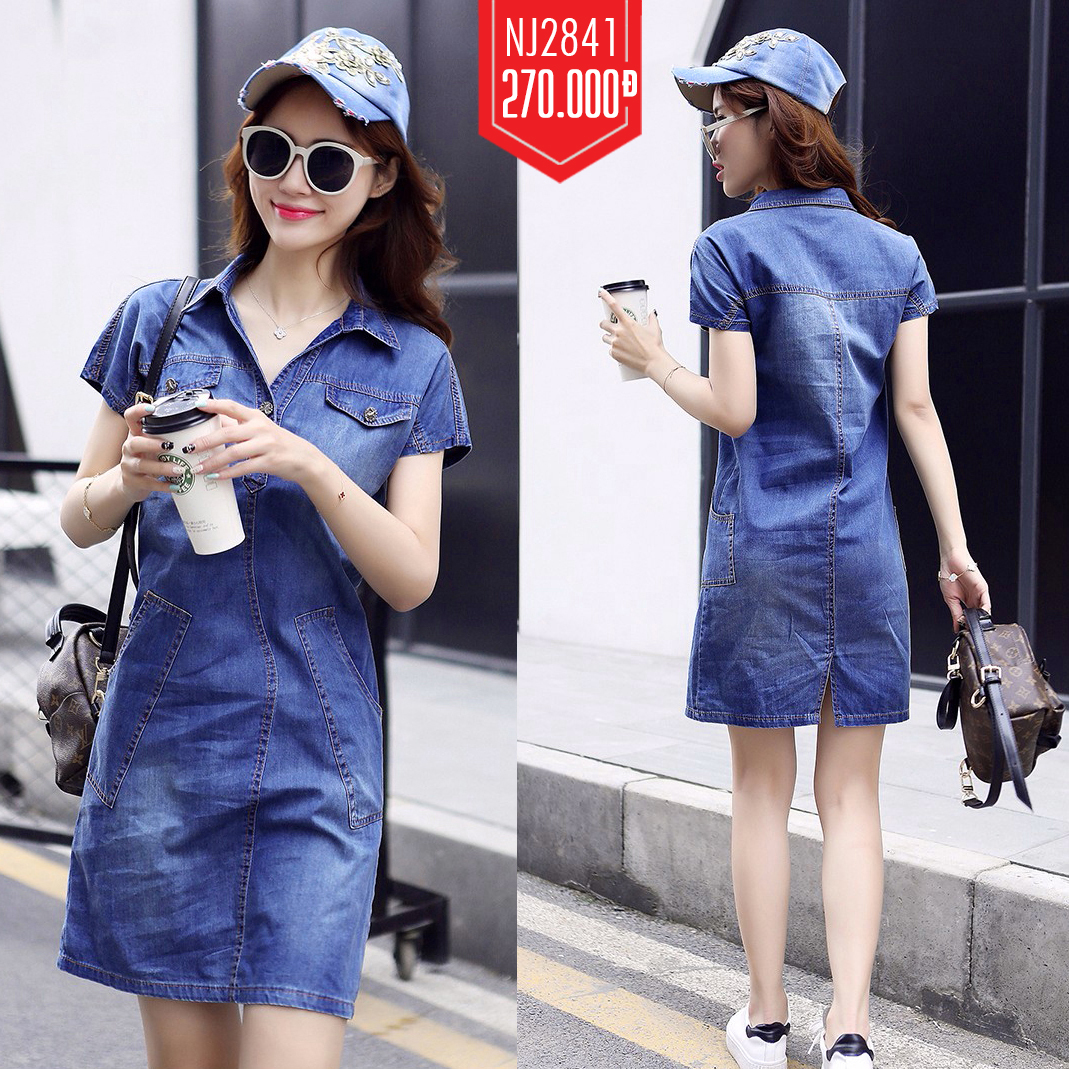 Đầm Jean Suông Cổ Sơ Mi Túi Xéo